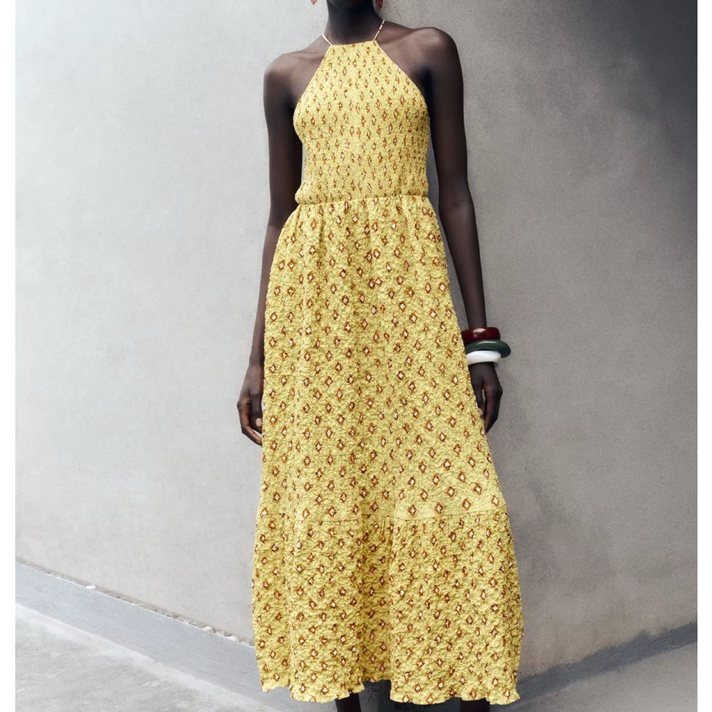Zara Yellow Patterned Halter Dress